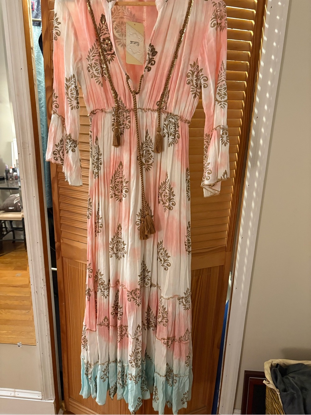 Bohemian Tassel Maxi Dress by Zinga in Coral, Aqua & Cream